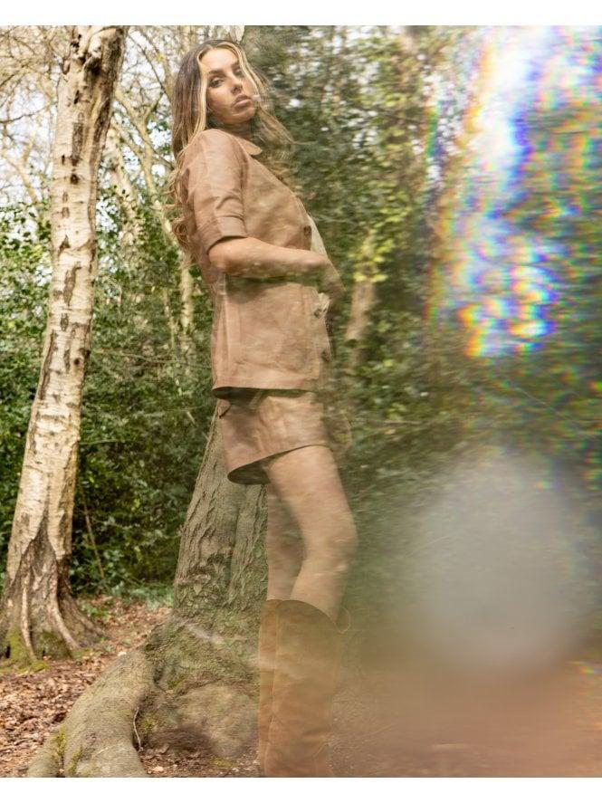 muubaa Muubaa Tan Horn Button Fitted Leather Shirt