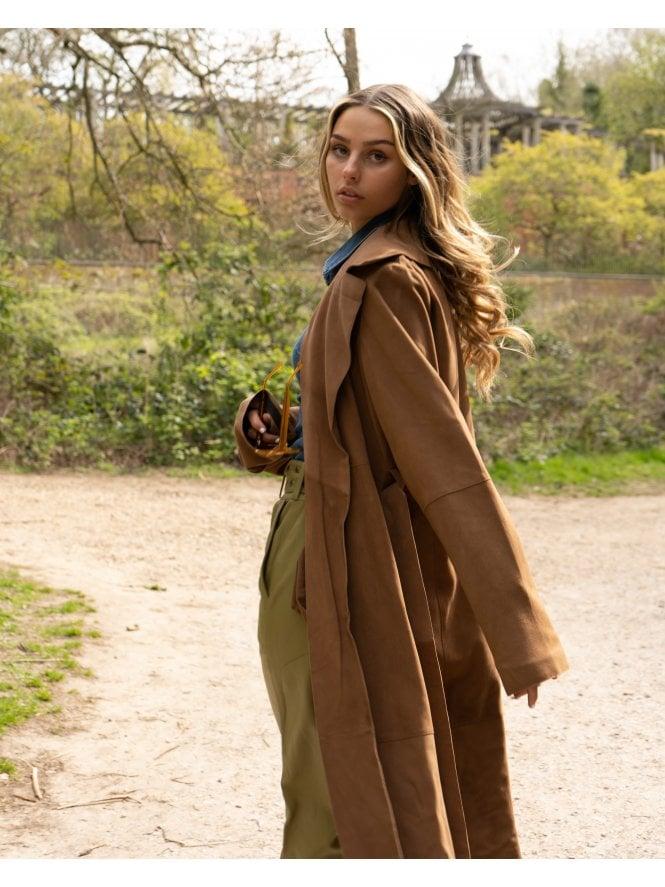 muubaa Muubaa Tan Double Breasted Belted Suede Trench