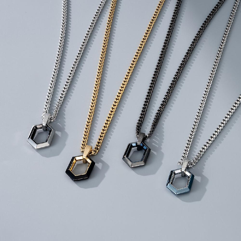 Mvmt Hex Pendant Curb Chain Necklace Stainless Steel + Black