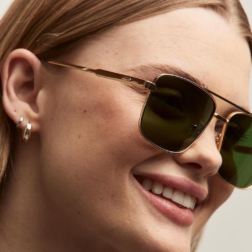 Mvmt Horizon Square Aviator Sunglasses Gold Frame + Green Lens | Polarized