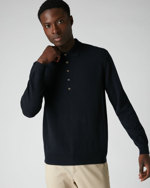 N.peal 007 5 Button Cashmere Polo Shirt In Navy Blue