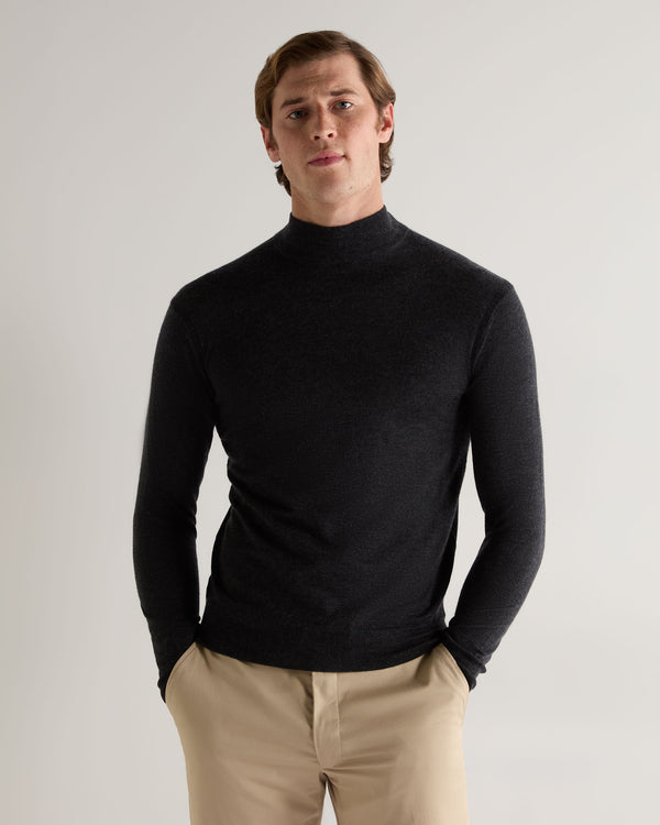 N.peal 007 Fine Gauge Cashmere Mock Turtle Neck Jumper In Dark Charcoal Grey