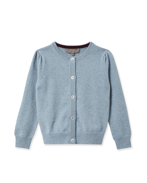 n.peal Girls Round Neck Cashmere Cardigan In Heather Blue