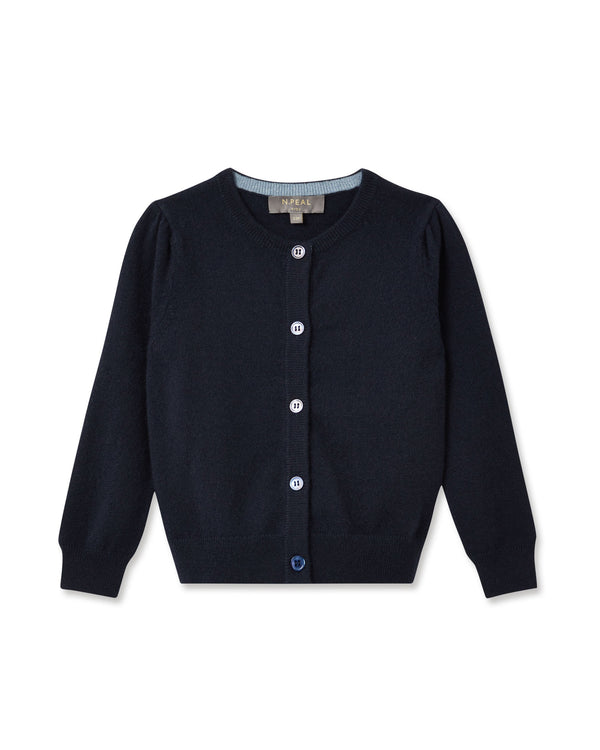 n.peal Girls Round Neck Cashmere Cardigan In Navy Blue