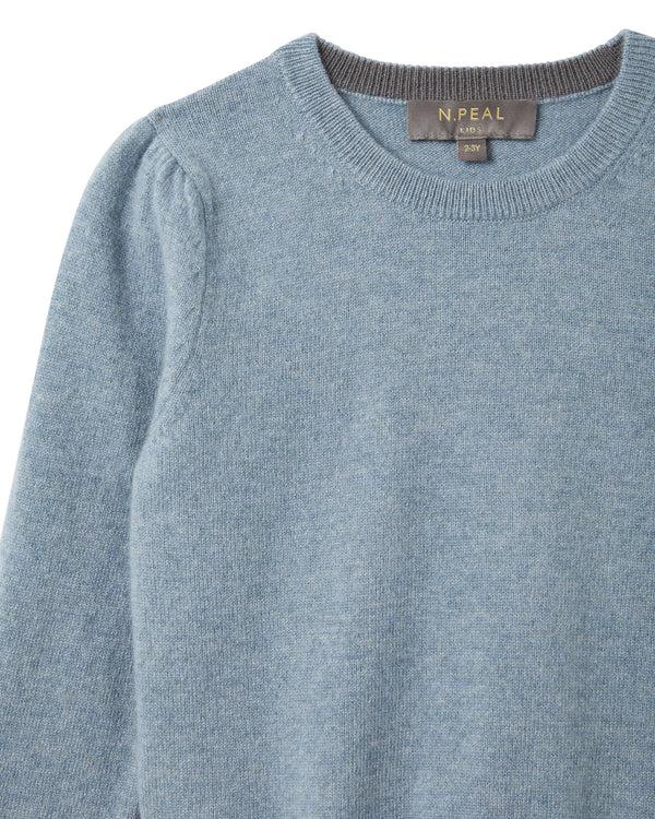 N.peal Girls Round Neck Cashmere Sweater In Heather Blue
