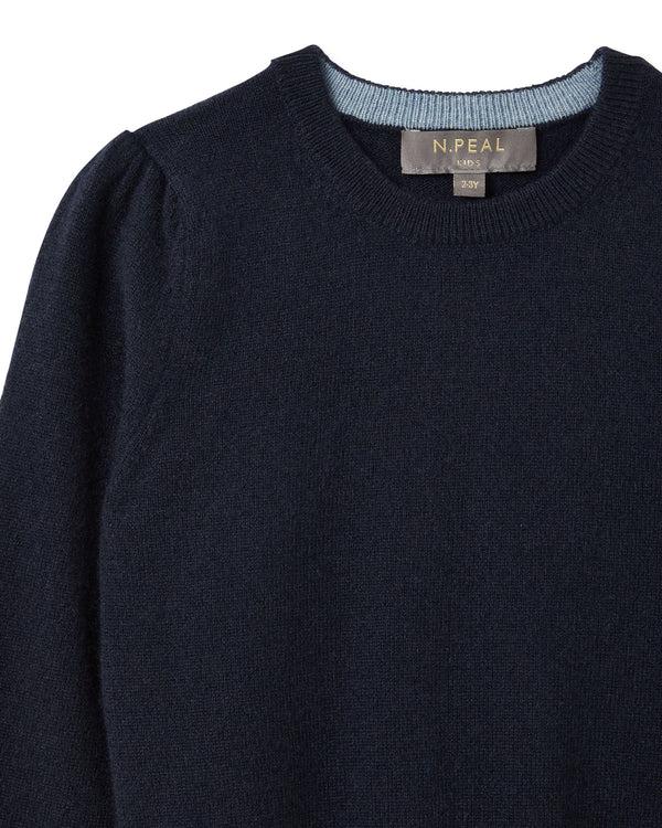 N.peal Girls Round Neck Cashmere Sweater In Navy Blue