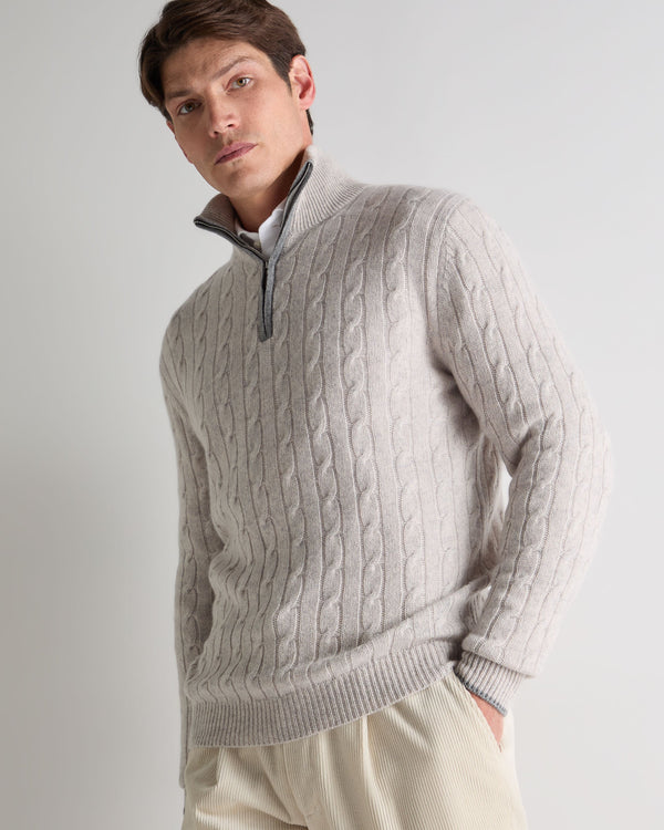 n.peal Men's Albemarle Cable Half Zip Cashmere Sweater In Nougat Brown Marl