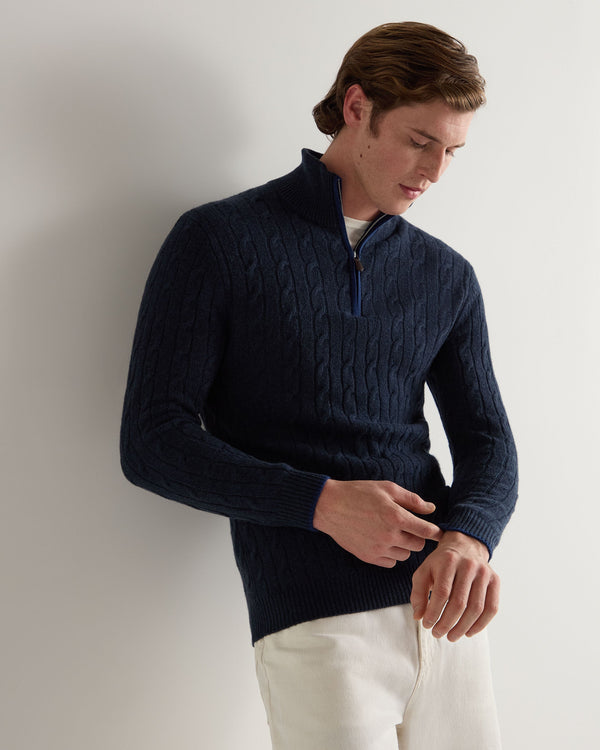 n.peal Men's Albemarle Cable Half Zip Cashmere Sweater In Indigo Blue