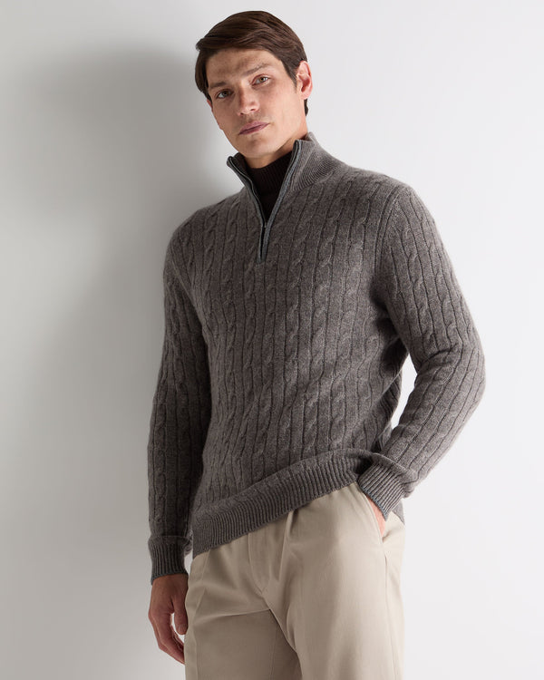 n.peal Men's Albemarle Cable Half Zip Cashmere Sweater In Wood Smoke Brown