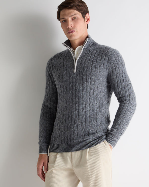 n.peal Men's Albemarle Cable Half Zip Cashmere Sweater In Grey Melange