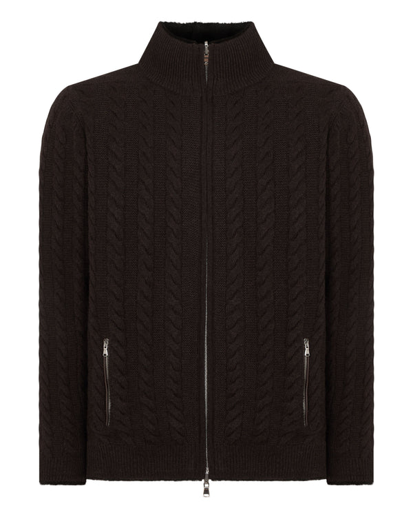 N.peal Men's Aspen Cashmere Cable Fur Cardigan In Chocolate Brown