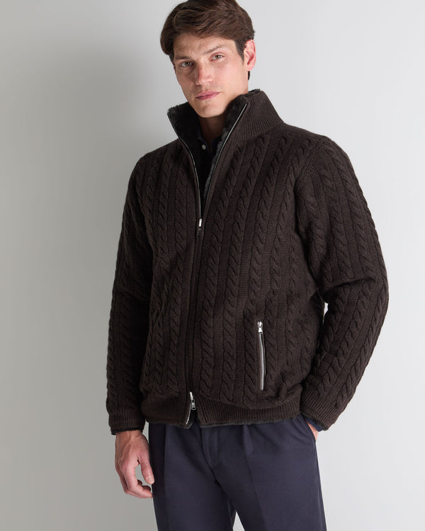 n.peal Men's Aspen Cashmere Cable Fur Cardigan In Chocolate Brown