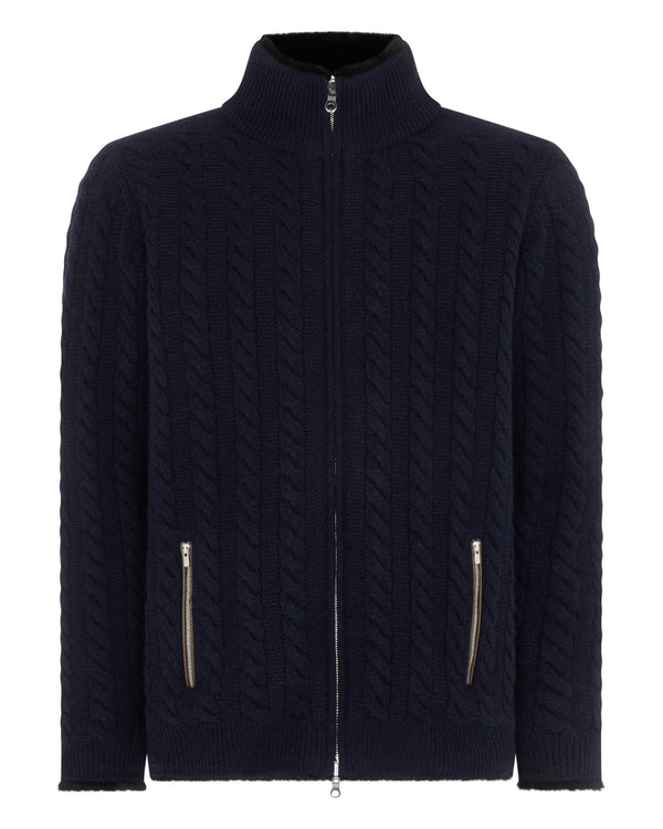 N.peal Men's Aspen Cashmere Cable Fur Cardigan In Navy Blue