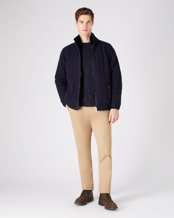 N.peal Men's Aspen Cashmere Cable Fur Cardigan In Navy Blue