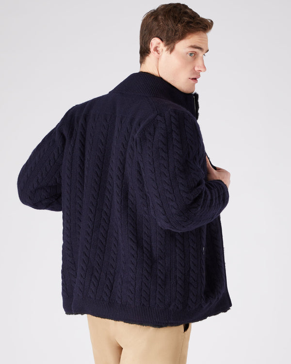 N.peal Men's Aspen Cashmere Cable Fur Cardigan In Navy Blue
