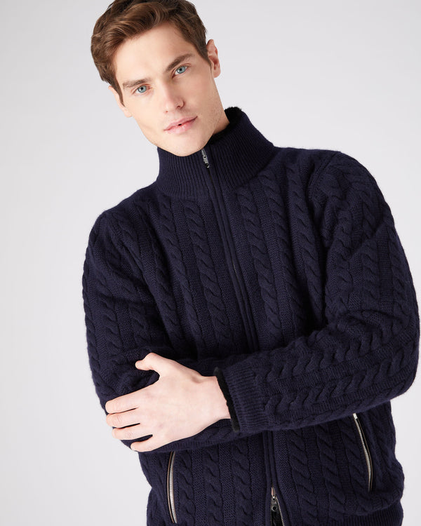 n.peal Men's Aspen Cashmere Cable Fur Cardigan In Navy Blue