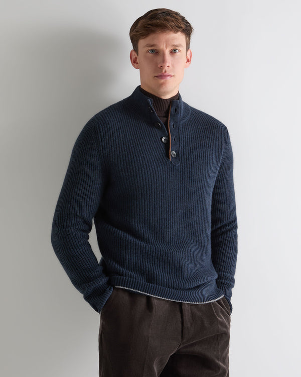 n.peal Men's Beauchamp Half Button Cashmere Sweater In Indigo Blue