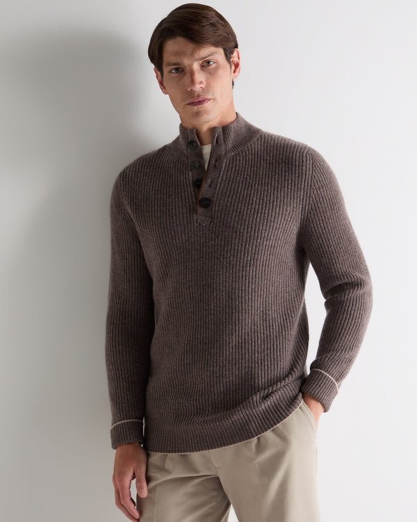 n.peal Men's Beauchamp Half Button Cashmere Sweater In Otter Brown
