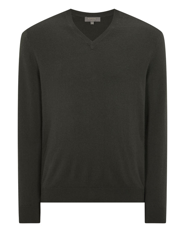 N.peal Men's Burlington V Neck Cashmere Sweater In Arabica Khaki Green