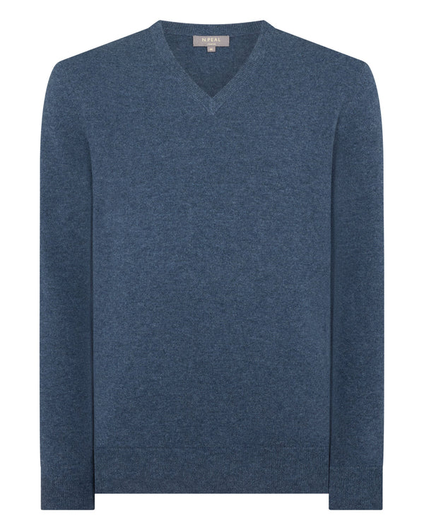 N.peal Men's Burlington V Neck Cashmere Sweater In Light Denim Blue