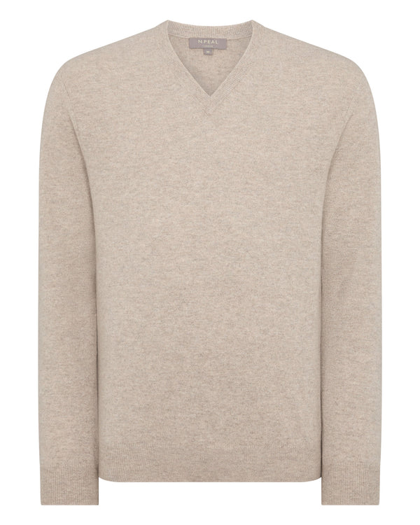 N.peal Men's Burlington V Neck Cashmere Sweater In Oatmeal Brown