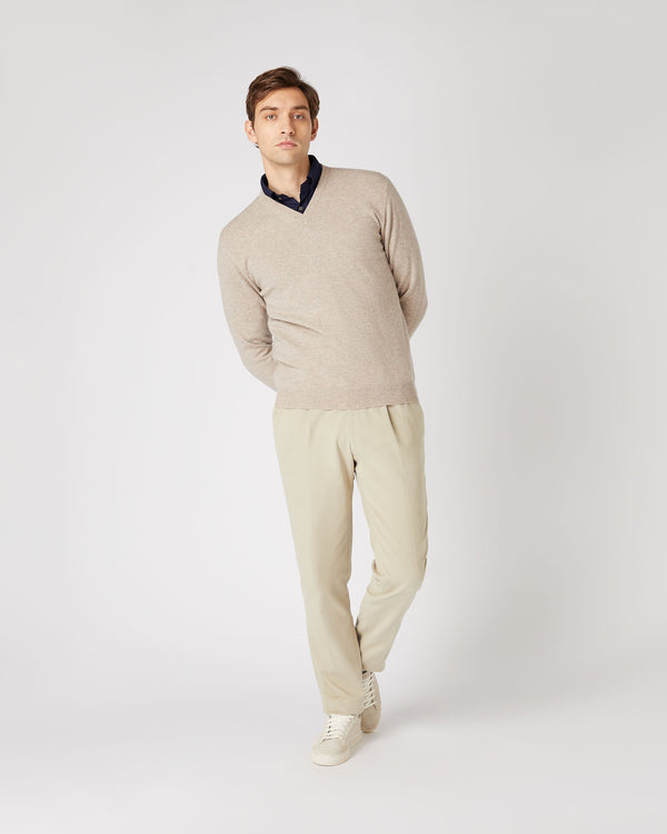 N.peal Men's Burlington V Neck Cashmere Sweater In Oatmeal Brown