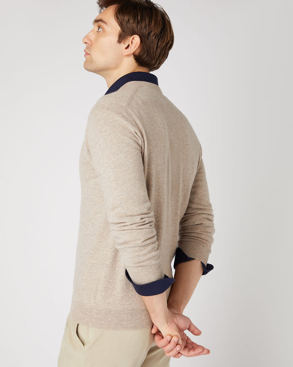 N.peal Men's Burlington V Neck Cashmere Sweater In Oatmeal Brown