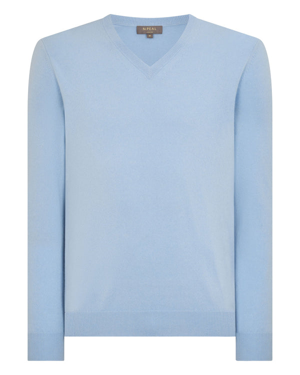 N.peal Men's Burlington V Neck Cashmere Sweater In Sea Mist Blue