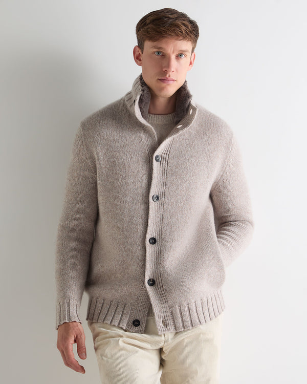 n.peal Men's Button Through Cashmere Cardigan With Fur In Basilica Beige Brown