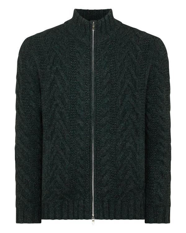 N.peal Men's Cable Full Zip Cashmere Sweater In Green Melange
