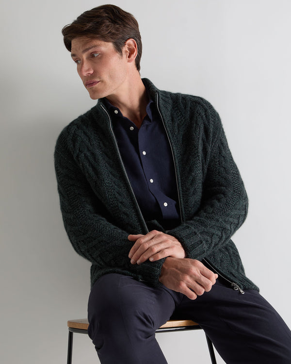 n.peal Men's Cable Full Zip Cashmere Sweater In Green Melange