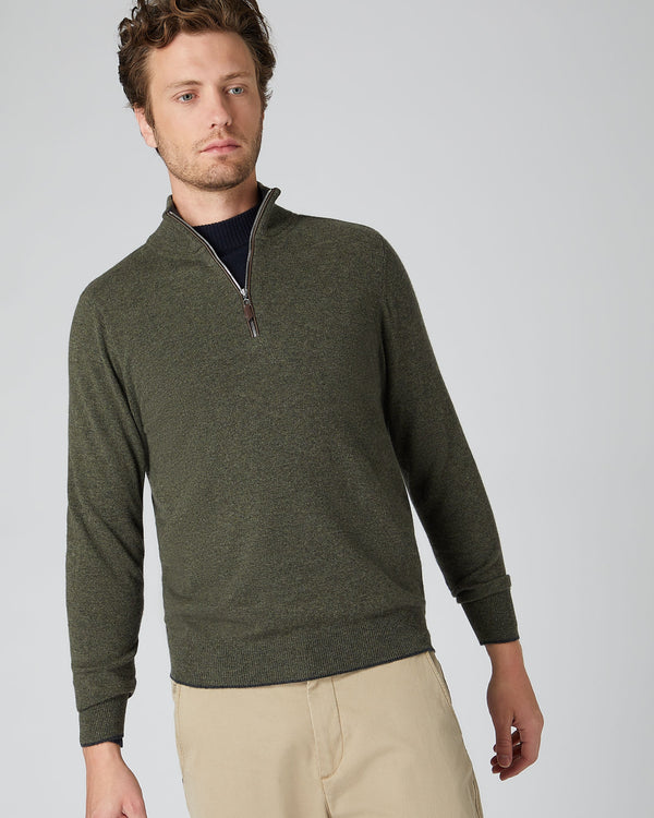 n.peal Men's Carnaby Half Zip Cashmere Sweater In Moss Green