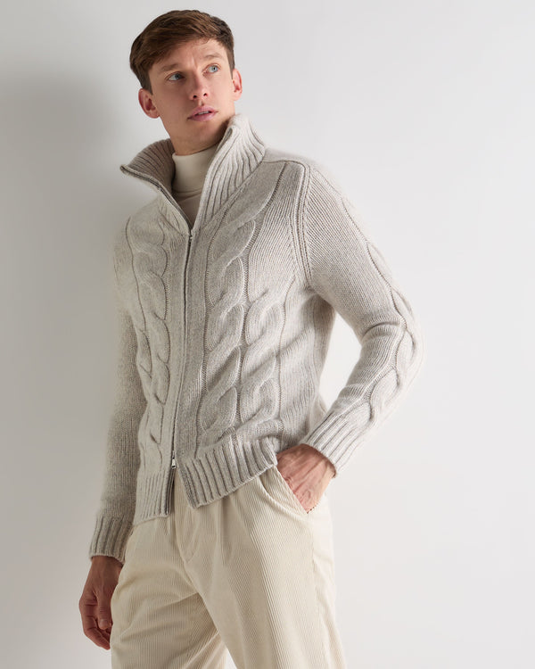 n.peal Men's Chunky Cable Full Zip Cashmere Sweater In Ash Grey Marl