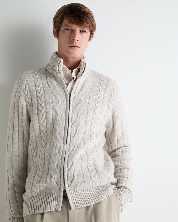 n.peal Men's Colorado Cable Fur Trim Cashmere Jacket In Ash Grey Marl