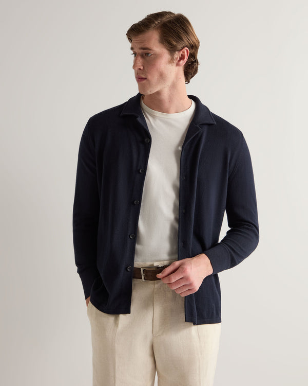 n.peal Men's Cuban Cotton Blend Collar Overshirt In Navy Blue