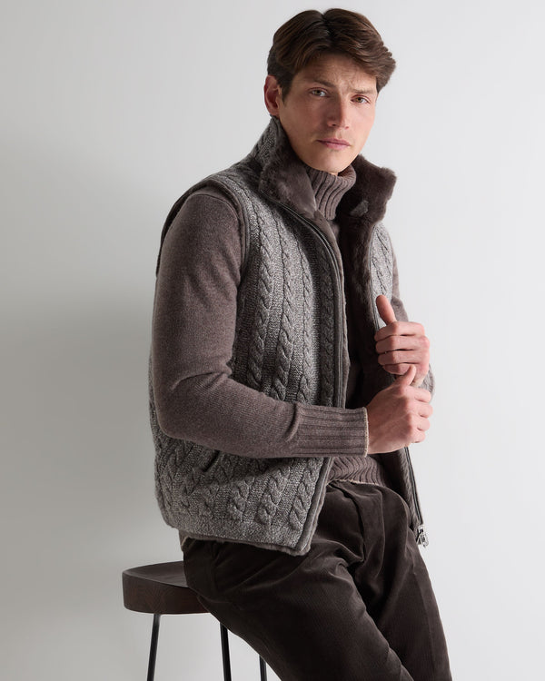 n.peal Men's Dolomiti Cable Fur Gilet In Soft Truffle Brown Marl