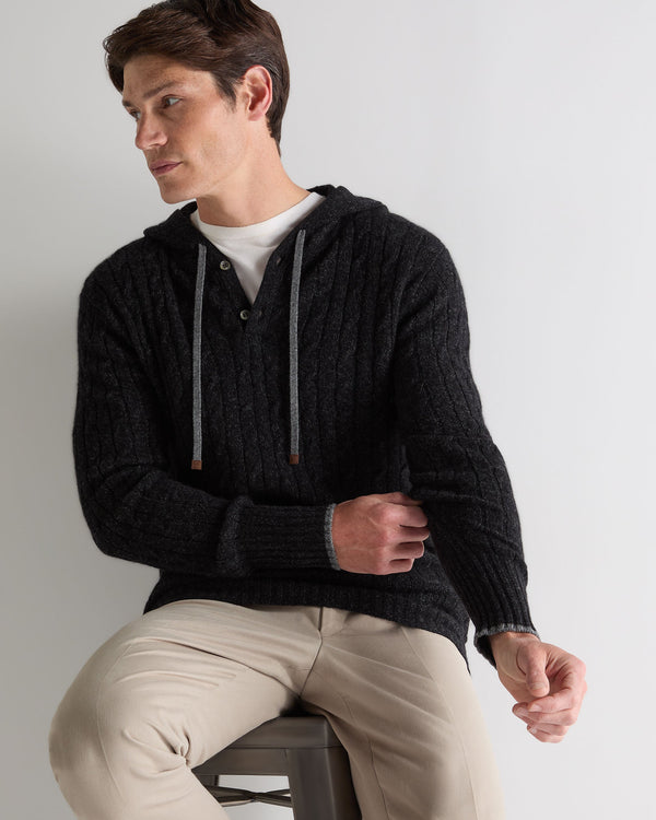 n.peal Men's Fitzrovia Cable Cashmere Hoodie In Charcoal Grey Melange