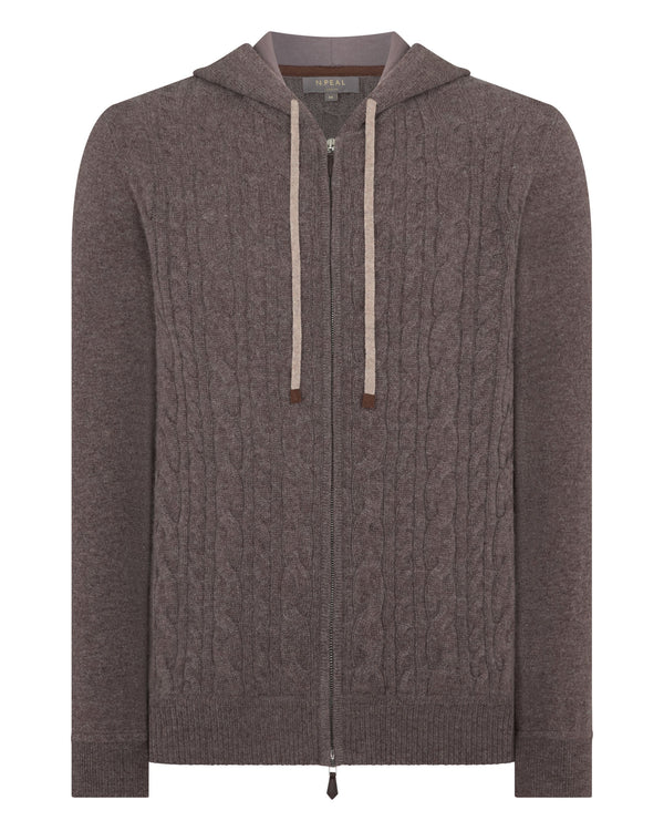 N.peal Men's Fulham Cable Zip Cashmere Hoodie In Otter Brown