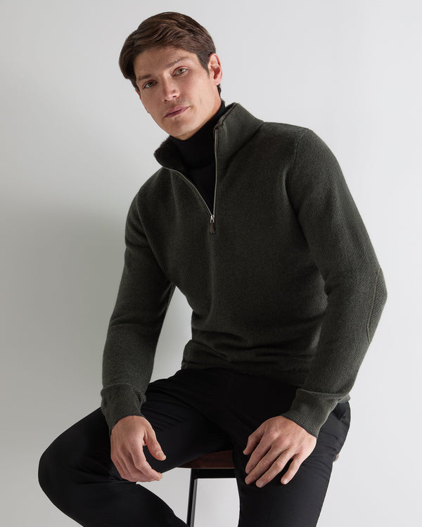 n.peal Men's Fur Trim Half Zip Cashmere Sweater In Arabica Khaki Green