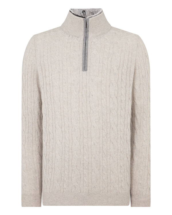 N.peal Men's Fur Trim Half Zip Cashmere Sweater In Nougat Brown Marl