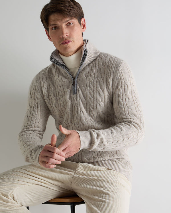 n.peal Men's Fur Trim Half Zip Cashmere Sweater In Nougat Brown Marl