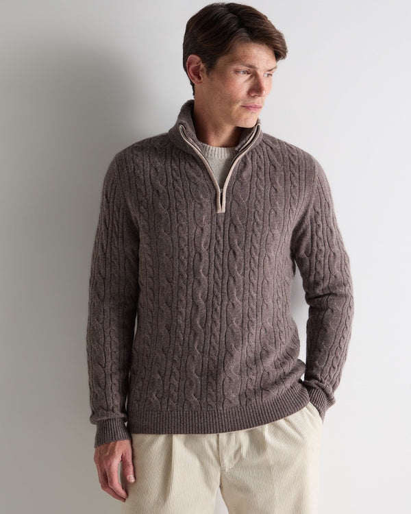 n.peal Men's Fur Trim Half Zip Cashmere Sweater In Otter Brown