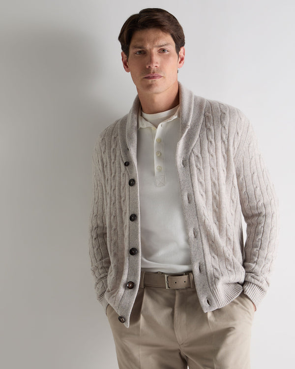 n.peal Men's Garrick Shawl Cable Cashmere Cardigan In Nougat Brown Marl