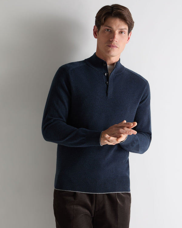 n.peal Men's Half Button Cashmere Sweater In Indigo Blue