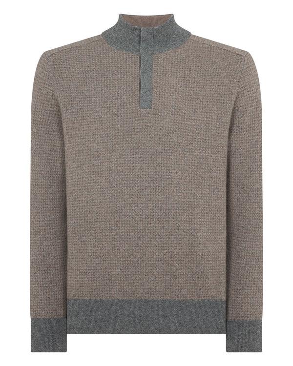 N.peal Men's Half Button Herringbone Cashmere Sweater In Truffle Houndstooth Grey