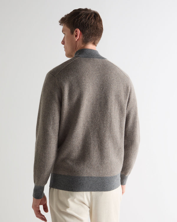 N.peal Men's Half Button Herringbone Cashmere Sweater In Truffle Houndstooth Grey
