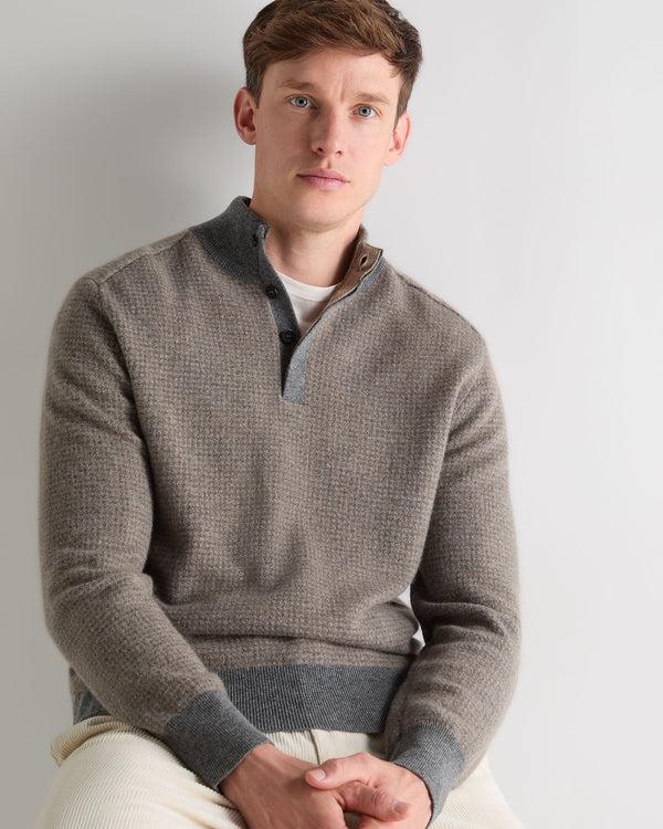 n.peal Men's Half Button Herringbone Cashmere Sweater In Truffle Houndstooth Grey