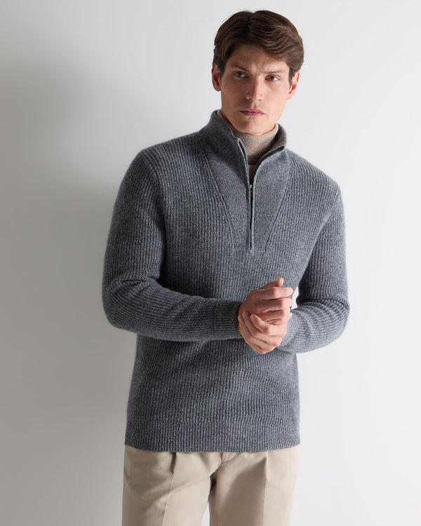 n.peal Men's Half Zip Rib Cashmere Sweater In Grey Melange