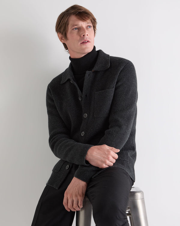 n.peal Men's Herringbone Cashmere Polo Shirt In Black