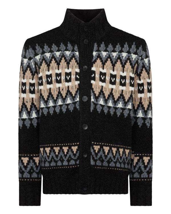 N.peal Men's Jacquard Button Through Cashmere Cardigan In Charcoal Grey